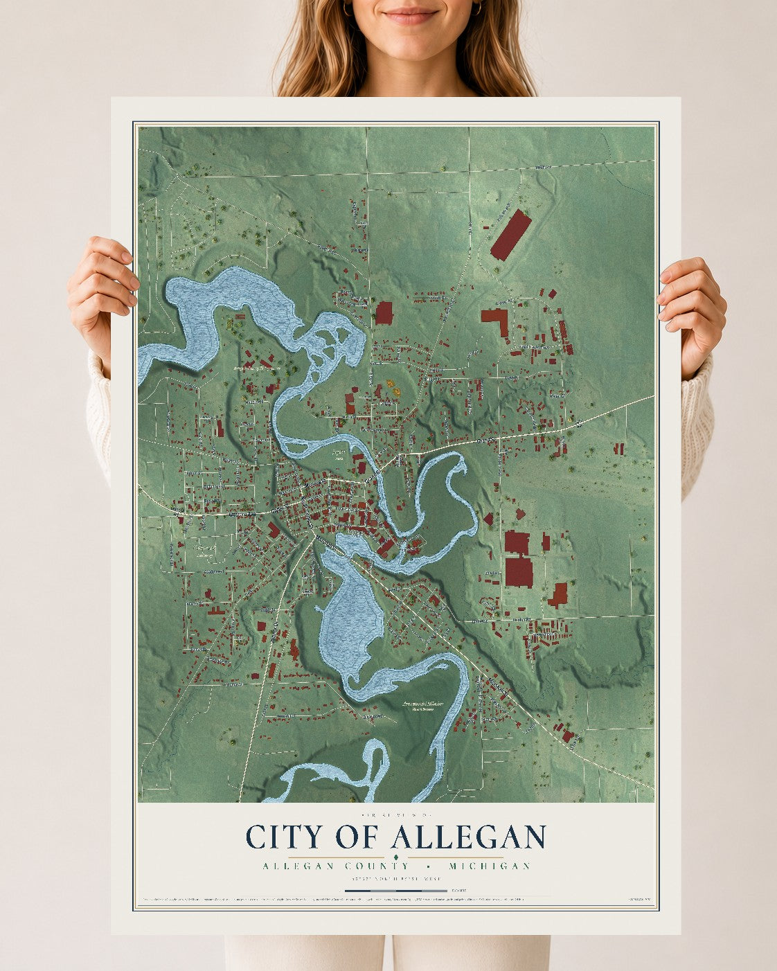 Map of Allegan, Michigan, 24 x 36 inch unframed archival matte print