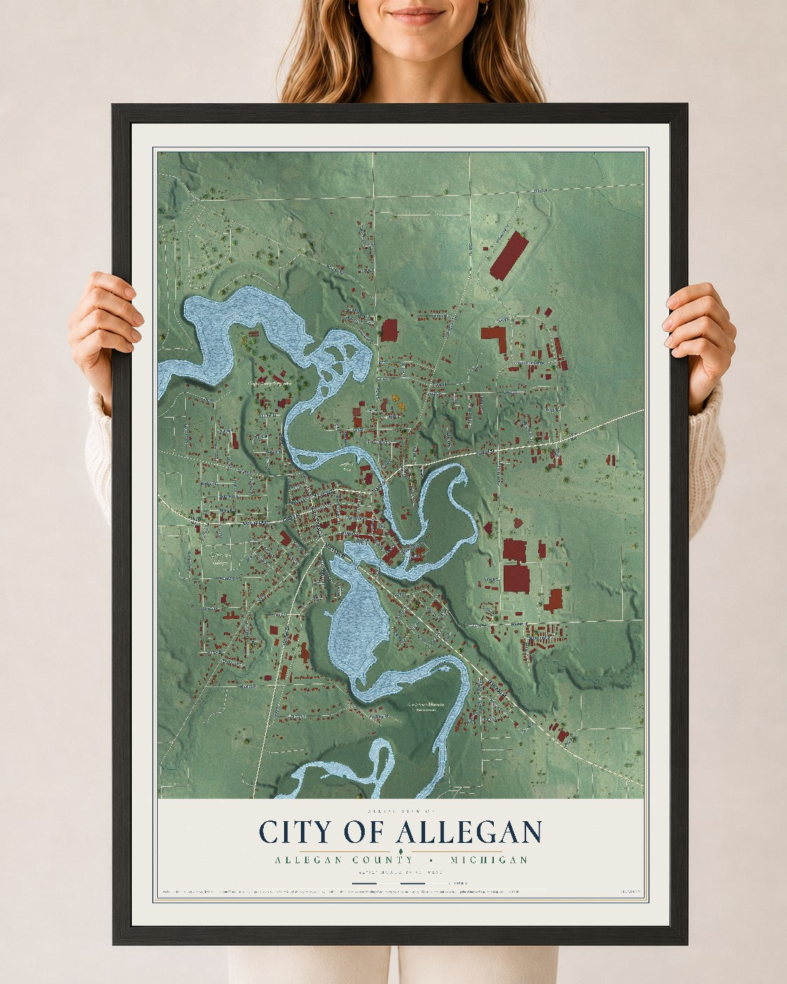 Map of Allegan, Michigan, 24 x 36 inch print in a black wood frame