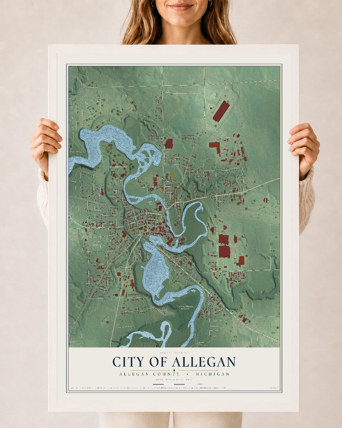 Map of Allegan, Michigan, 24 x 36 inch print in a white wood frame