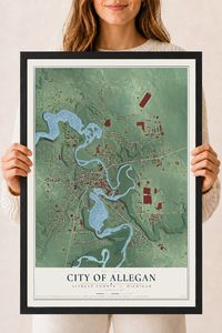 Map of Allegan, Michigan, 18 x 24 inch print in a black wood frame