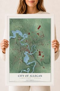 Map of Allegan, Michigan, 18 x 24 inch print in a white wood frame