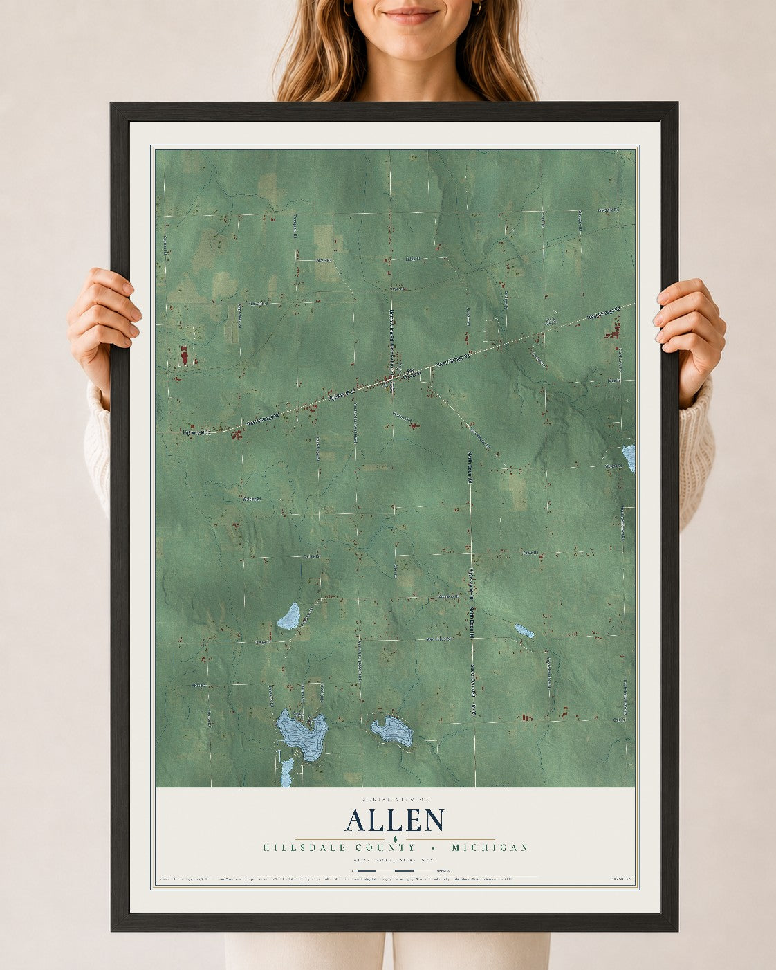 Map of Allen, Hillsdale County, Michigan, 24 x 36 inch print in a black wood frame