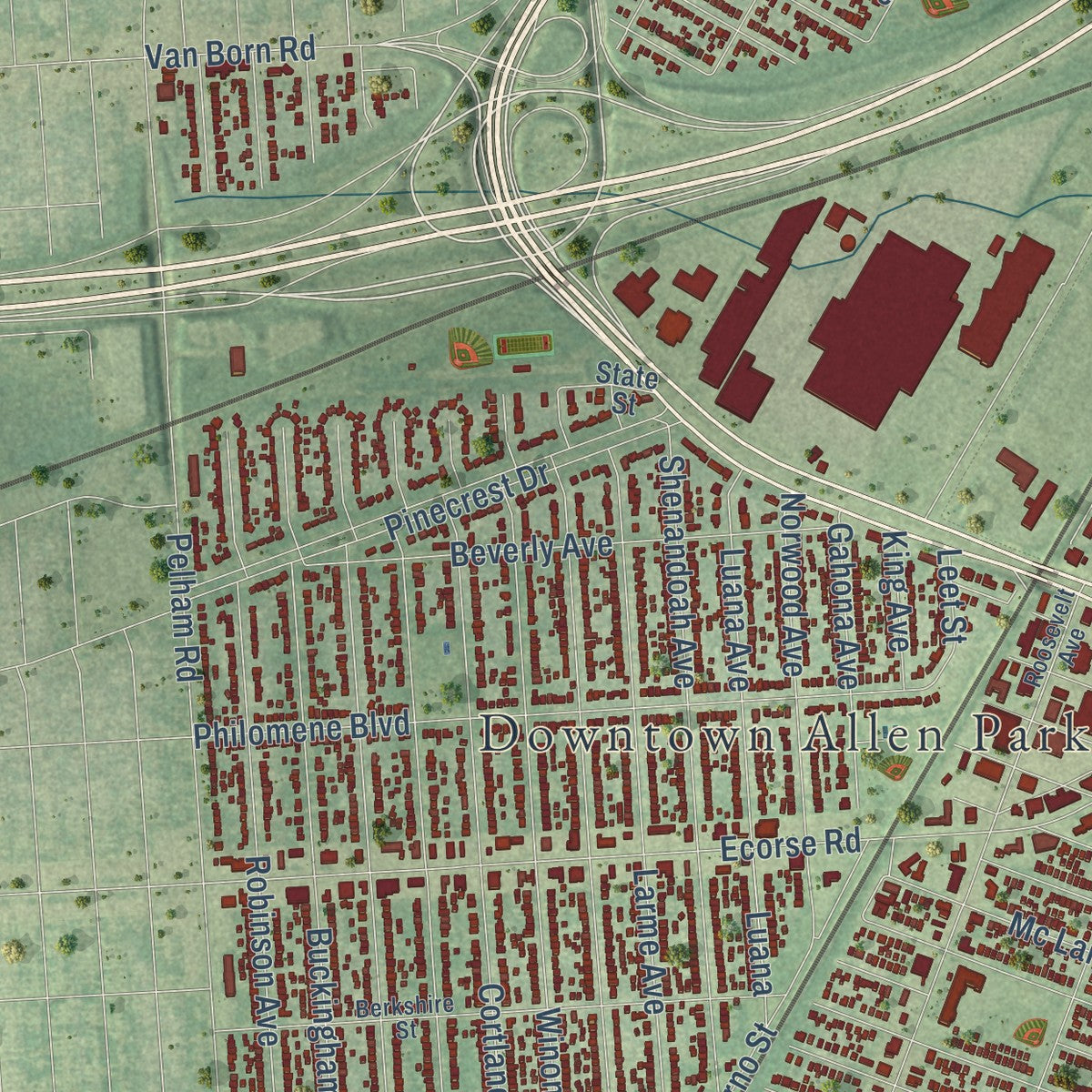 Second close-up of the map of Allen Park, Michigan print showing more streets and buildings