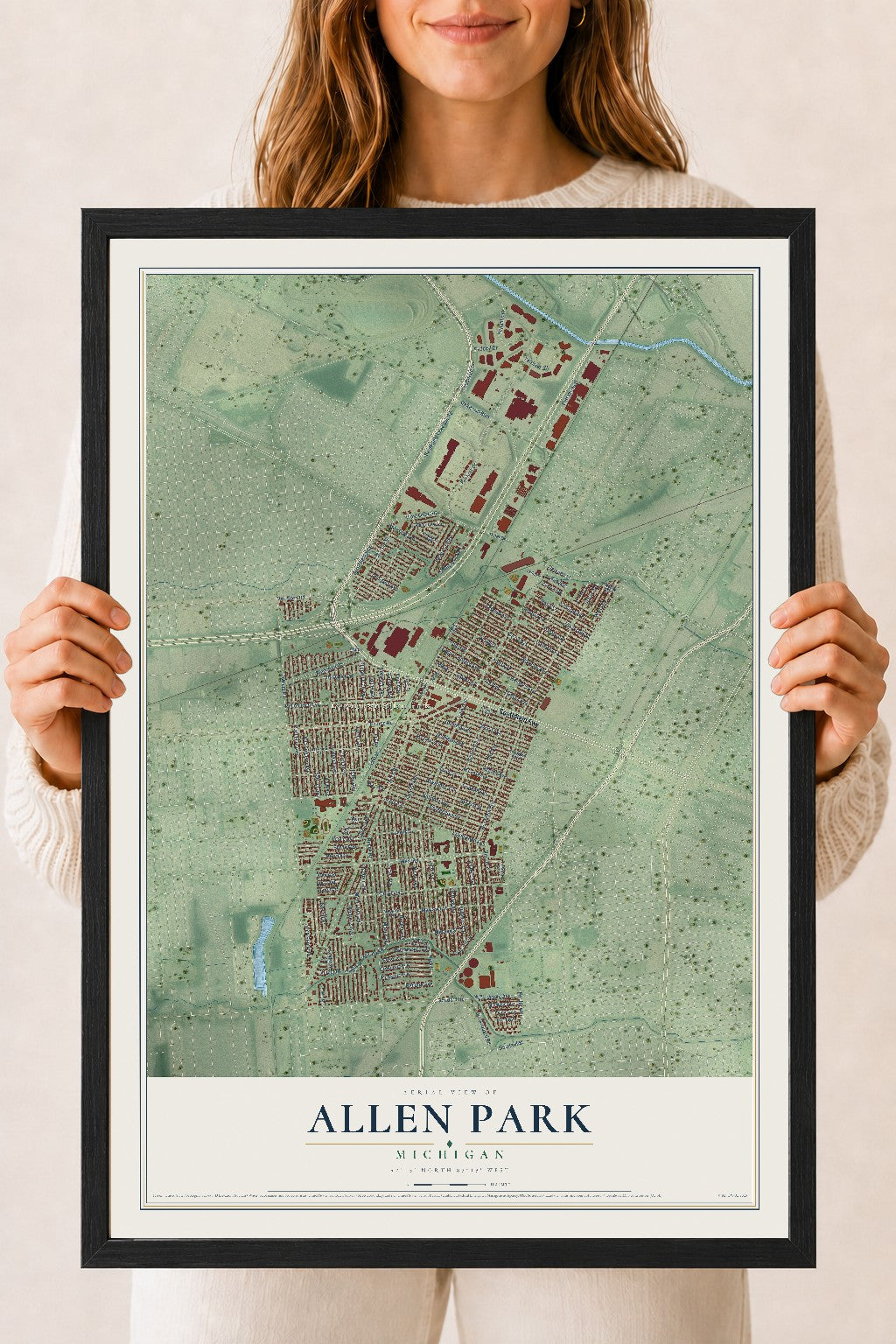 Map of Allen Park, Michigan, 18 x 24 inch print in a black wood frame
