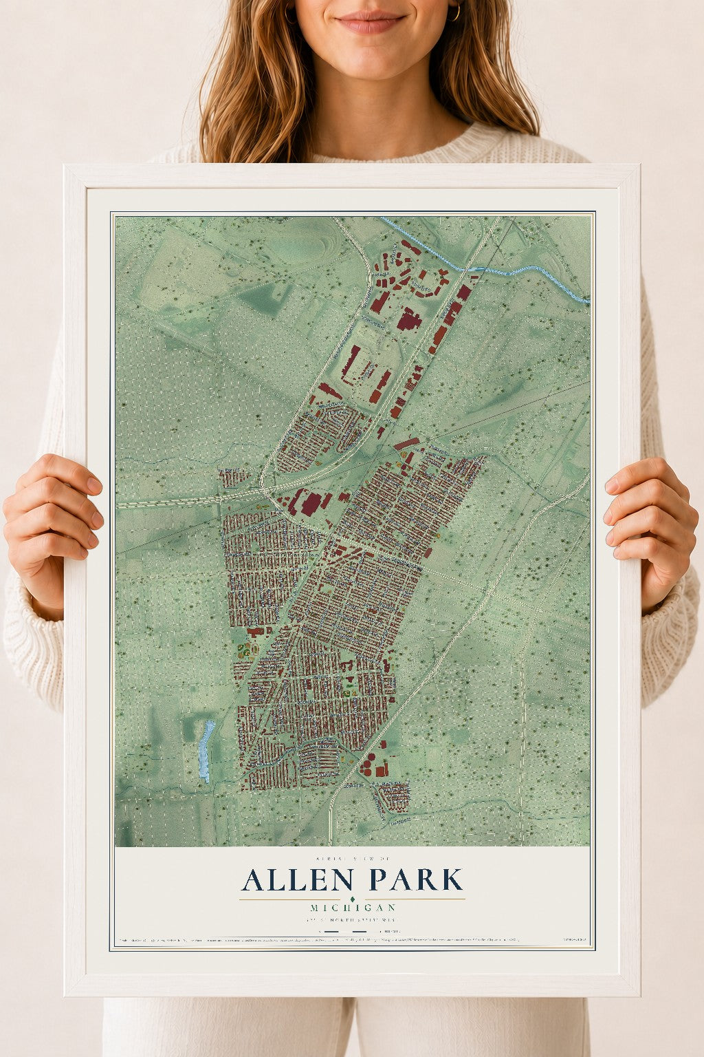 Map of Allen Park, Michigan, 18 x 24 inch print in a white wood frame