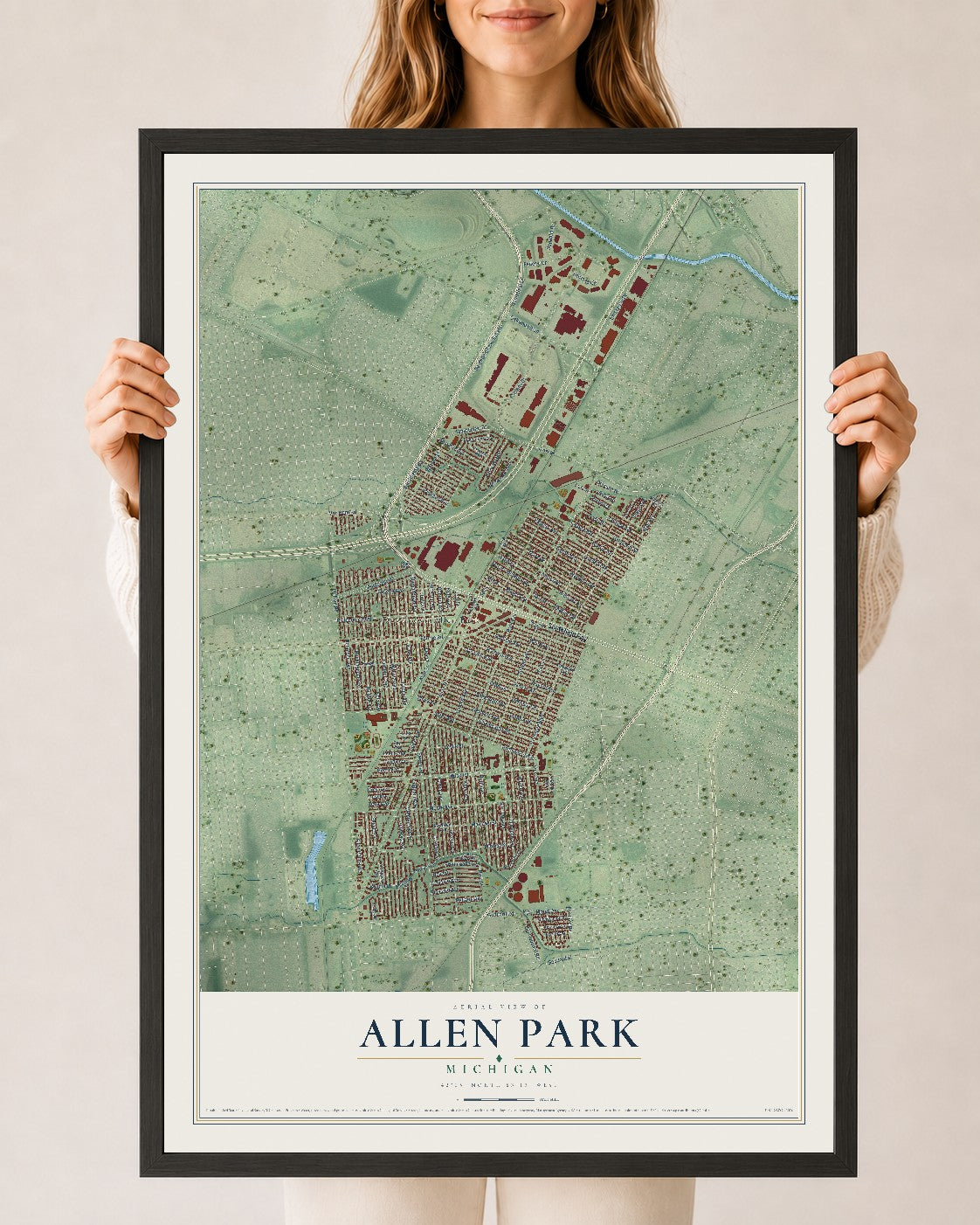 Map of Allen Park, Michigan, 24 x 36 inch print in a black wood frame