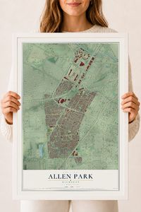 Map of Allen Park, Michigan, 18 x 24 inch print in a white wood frame