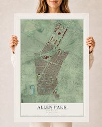 Map of Allen Park, Michigan, 24 x 36 inch print in a white wood frame