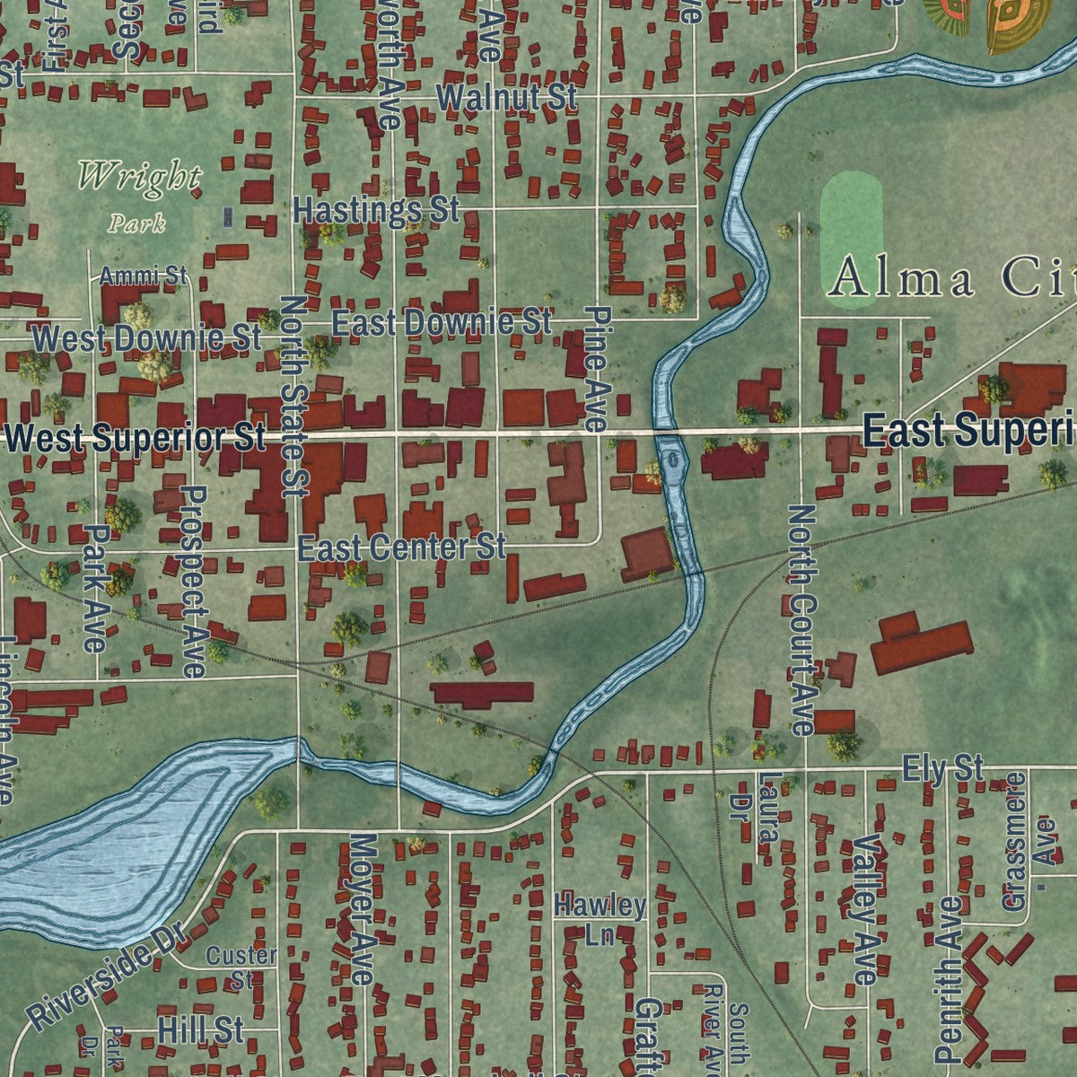 Close-up of the map of Alma, Michigan print showing street and building detail