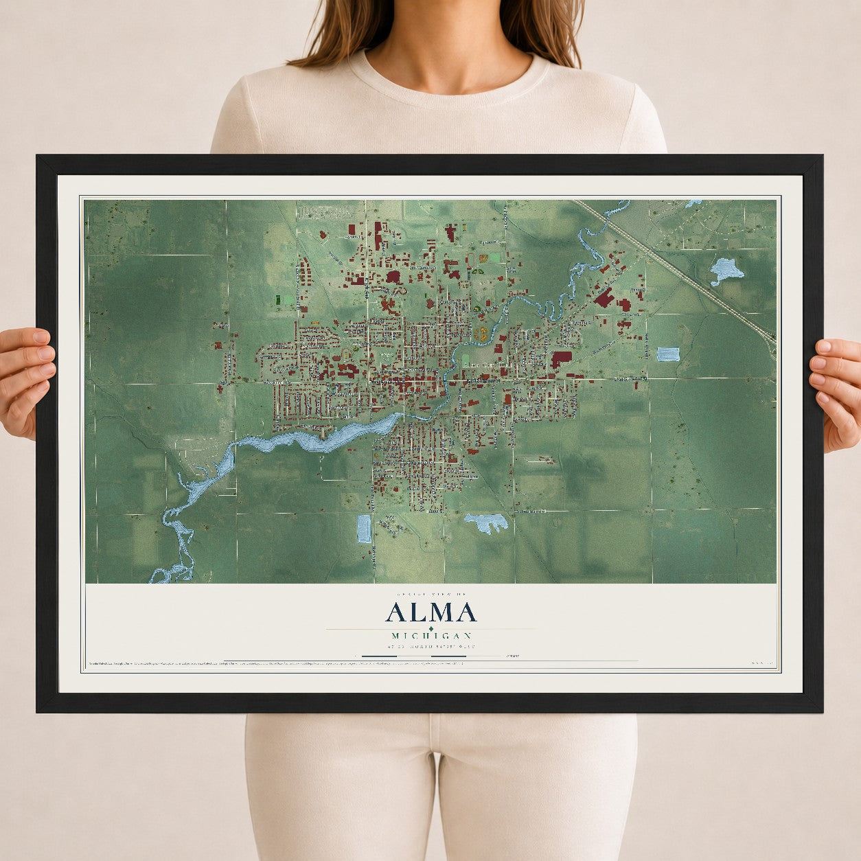 Map of Alma, Michigan, 18 x 24 inch print in a black wood frame