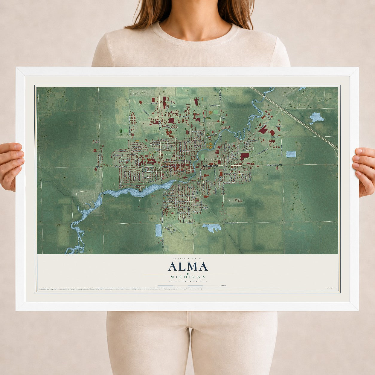 Map of Alma, Michigan, 18 x 24 inch print in a white wood frame