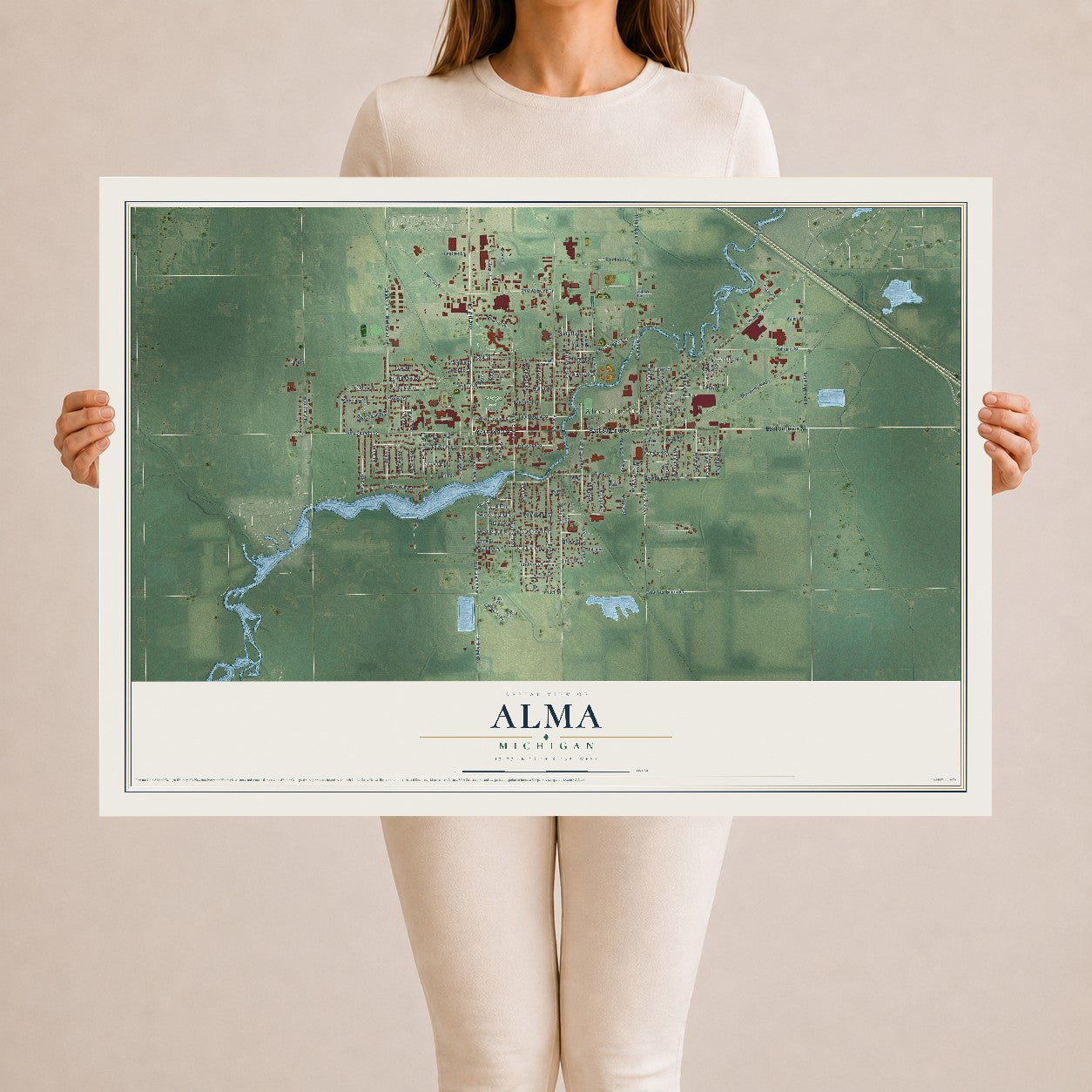 Map of Alma, Michigan, 24 x 36 inch unframed archival matte print