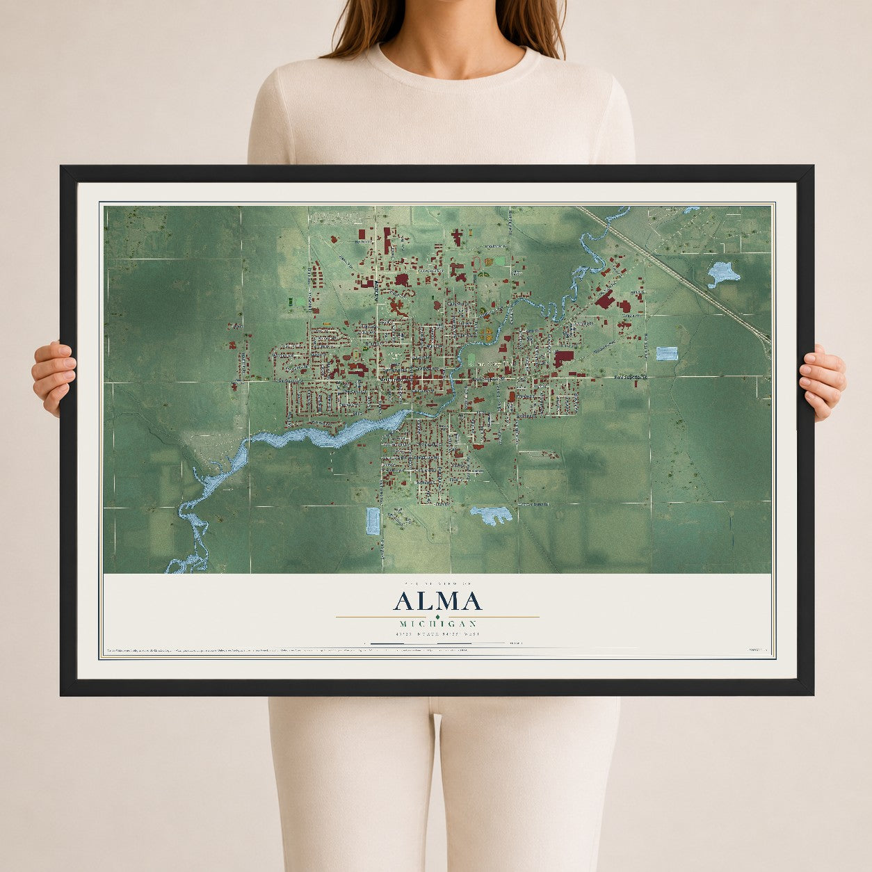 Map of Alma, Michigan, 24 x 36 inch print in a black wood frame