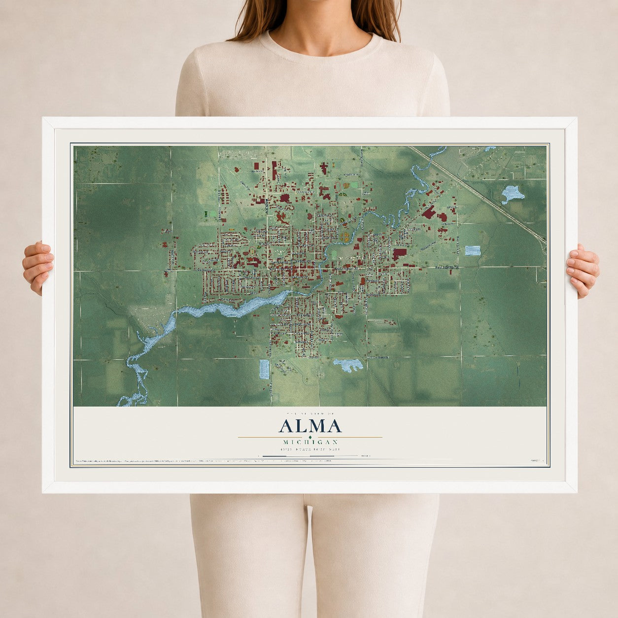 Map of Alma, Michigan, 24 x 36 inch print in a white wood frame