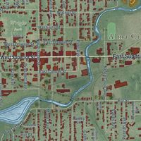 Close-up of the map of Alma, Michigan print showing street and building detail