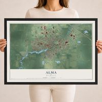 Map of Alma, Michigan, 18 x 24 inch print in a black wood frame
