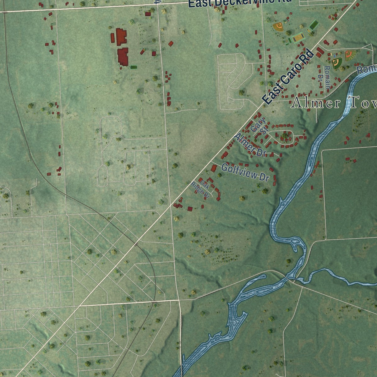 Close-up of the map of Almer, Michigan print showing street and building detail