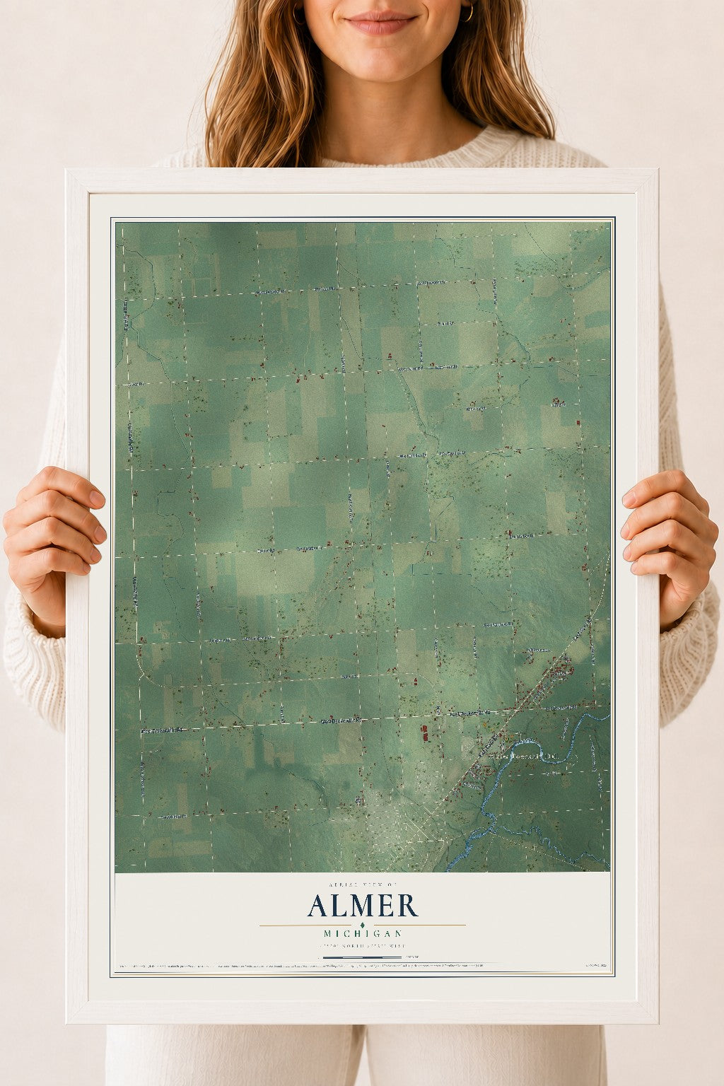 Map of Almer, Michigan, 18 x 24 inch print in a white wood frame