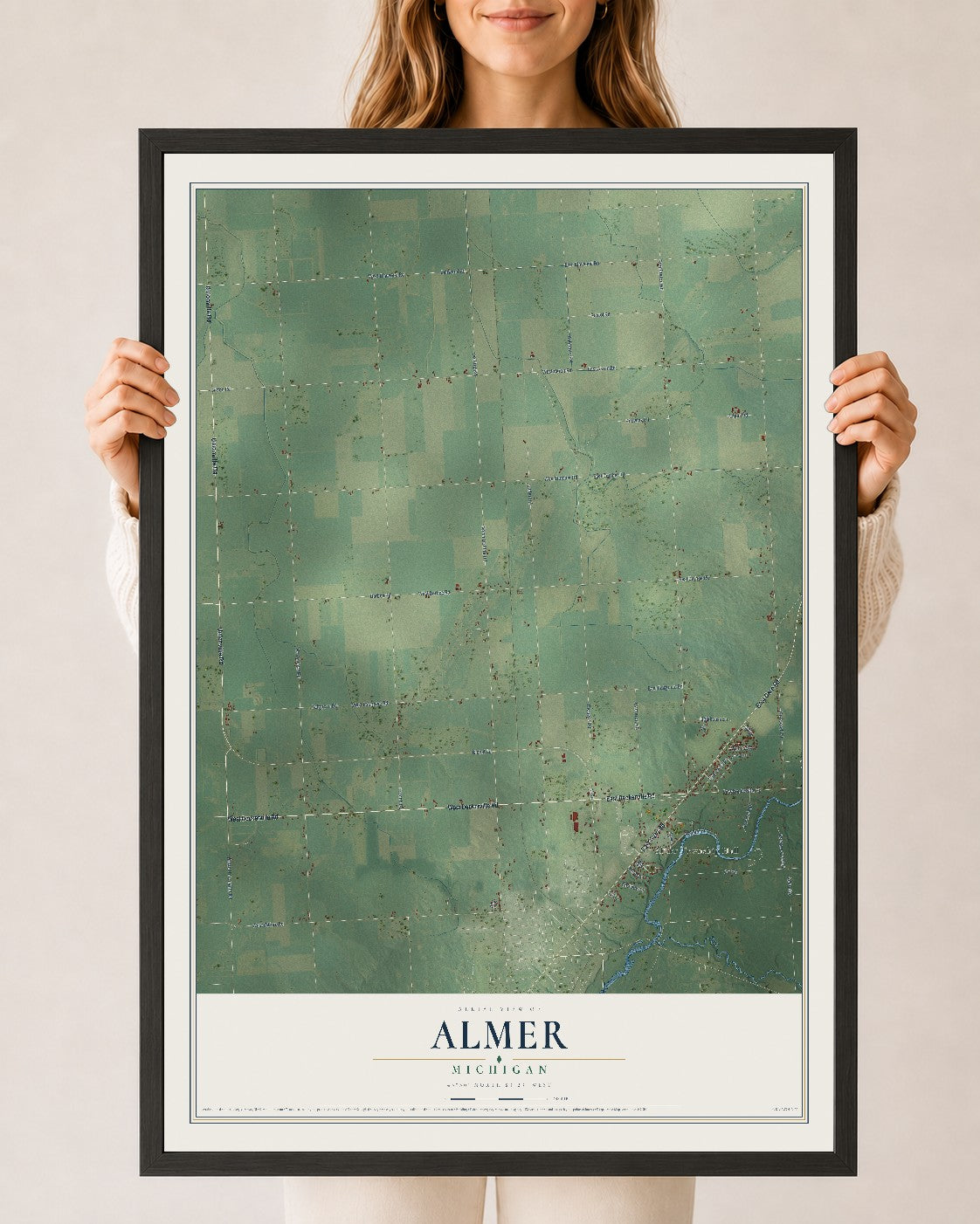 Map of Almer, Michigan, 24 x 36 inch print in a black wood frame