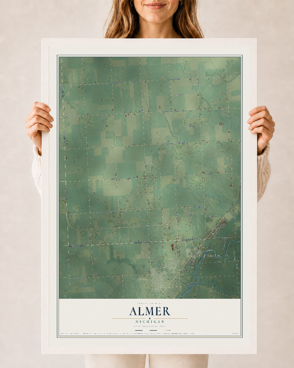 Map of Almer, Michigan, 24 x 36 inch print in a white wood frame