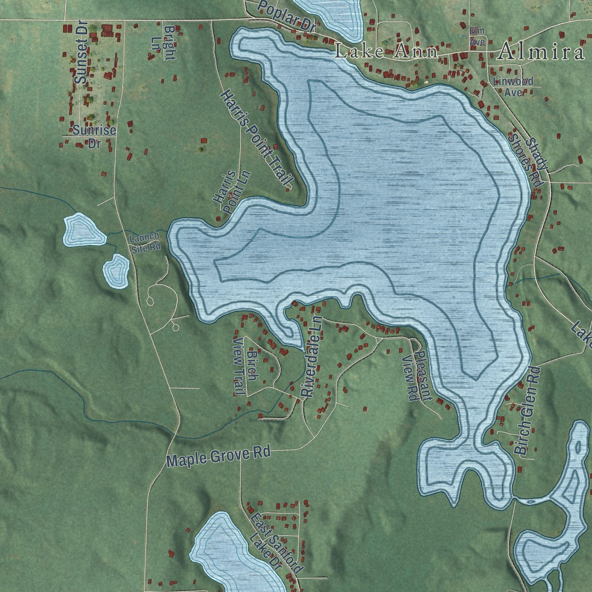 Close-up of the map of Almira, Michigan print showing street and building detail