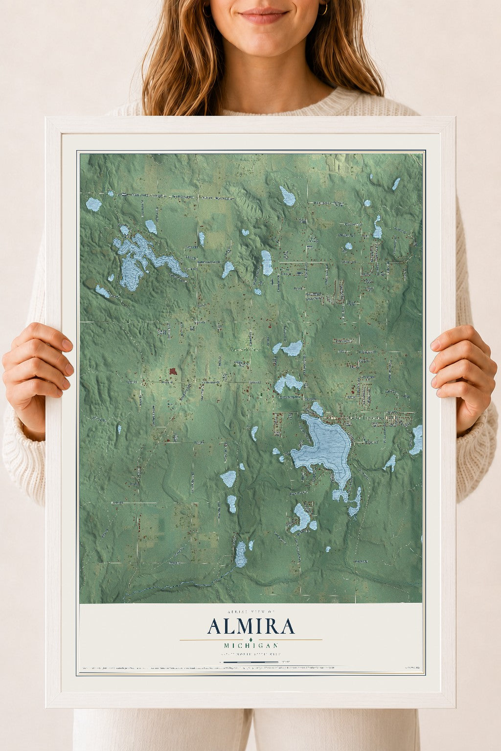 Map of Almira, Michigan, 18 x 24 inch print in a white wood frame