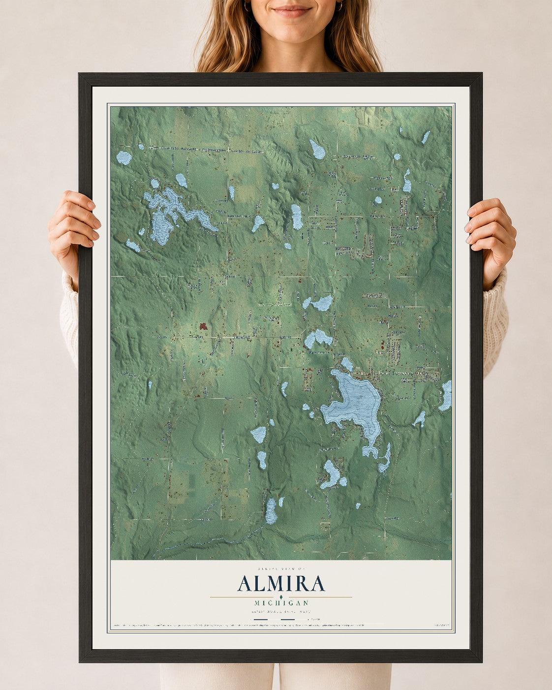 Map of Almira, Michigan, 24 x 36 inch print in a black wood frame