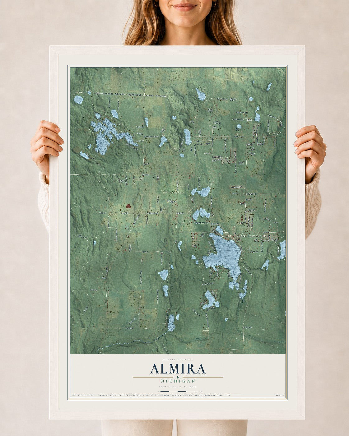 Map of Almira, Michigan, 24 x 36 inch print in a white wood frame