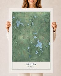 Map of Almira, Michigan, 24 x 36 inch print in a white wood frame