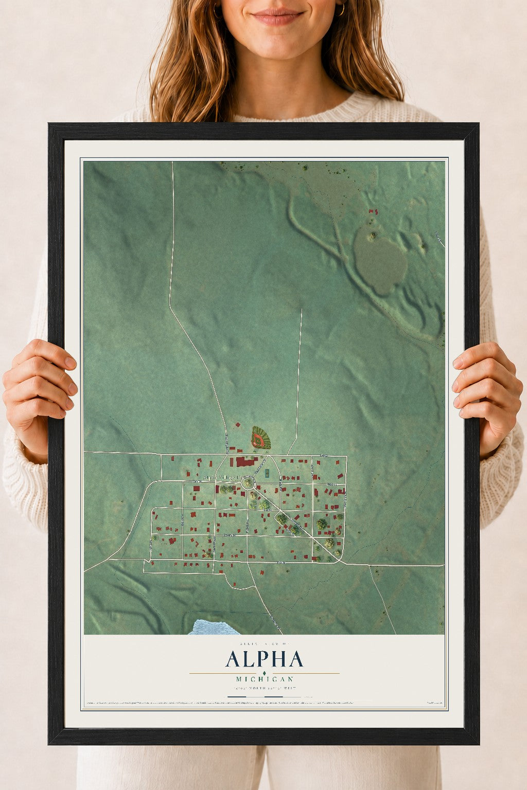 Map of Alpha, Michigan, 18 x 24 inch print in a black wood frame