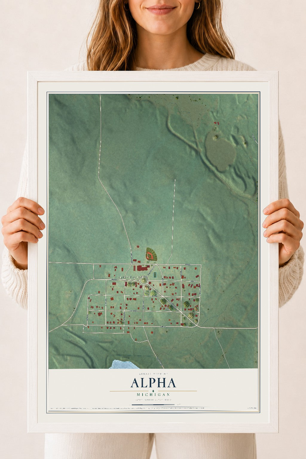 Map of Alpha, Michigan, 18 x 24 inch print in a white wood frame