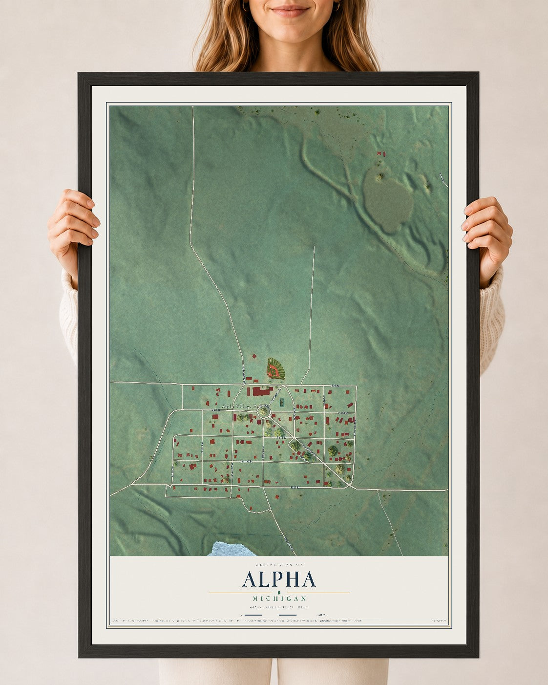 Map of Alpha, Michigan, 24 x 36 inch print in a black wood frame