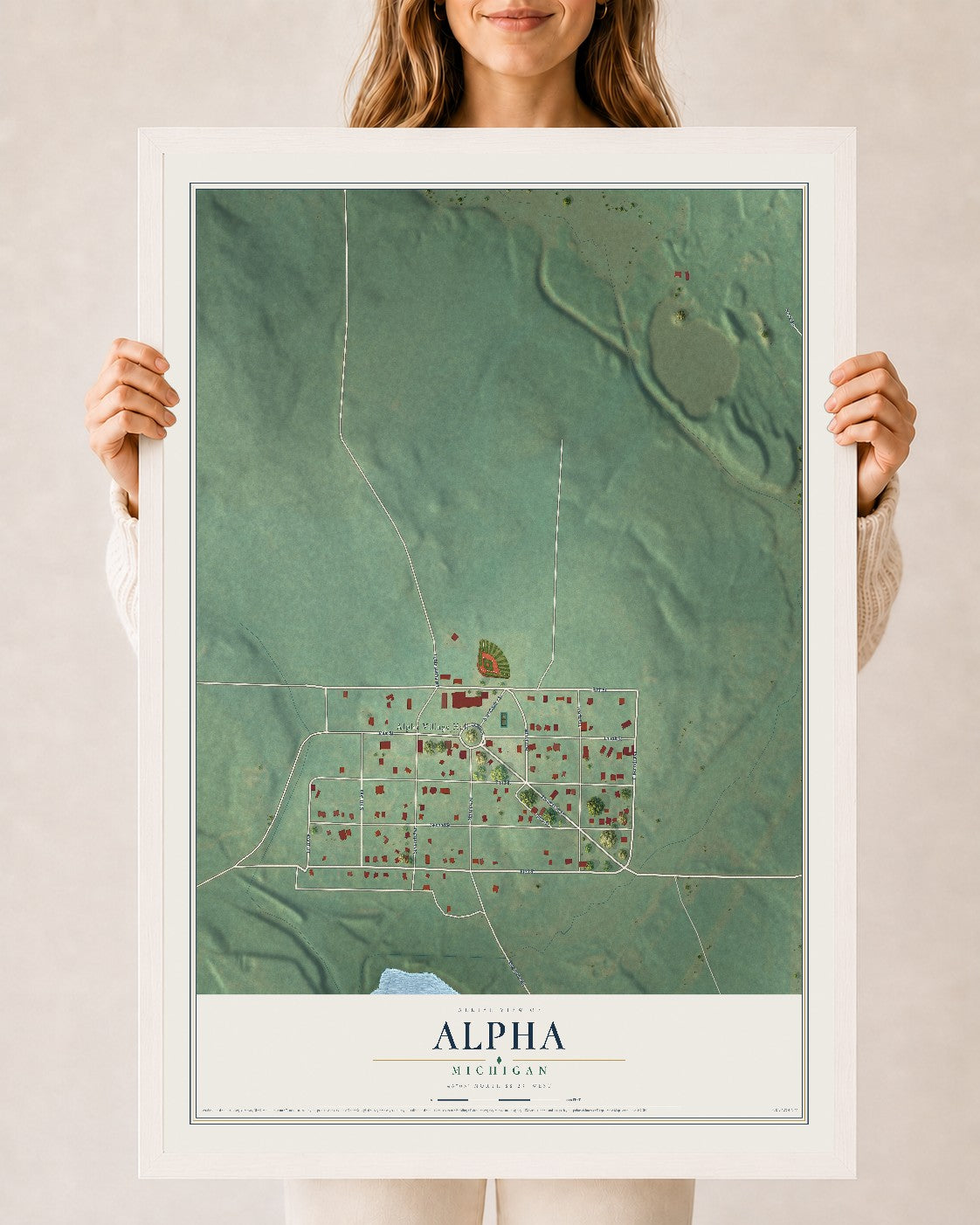 Map of Alpha, Michigan, 24 x 36 inch print in a white wood frame