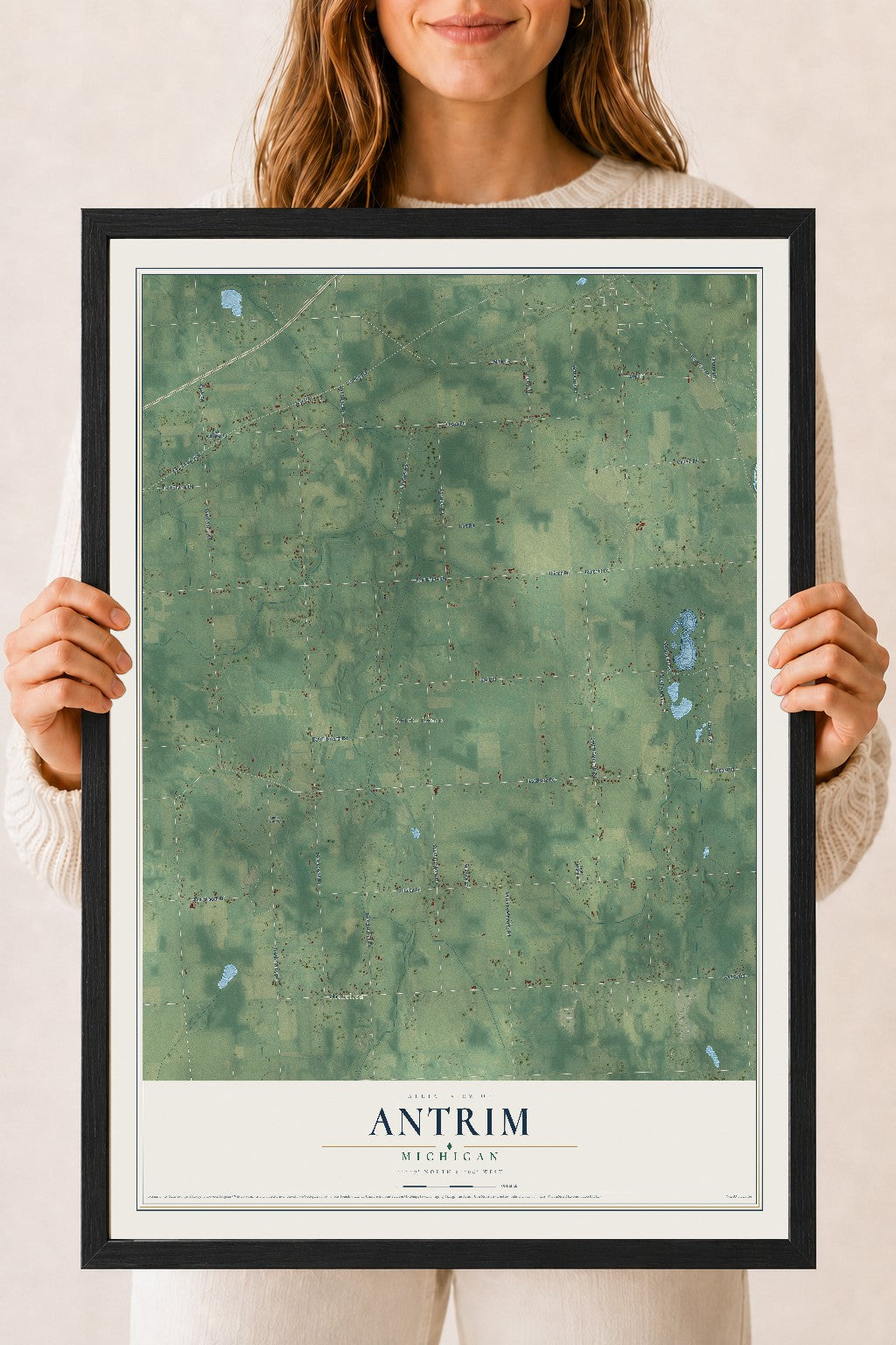 Map of Antrim, Michigan, 18 x 24 inch print in a black wood frame