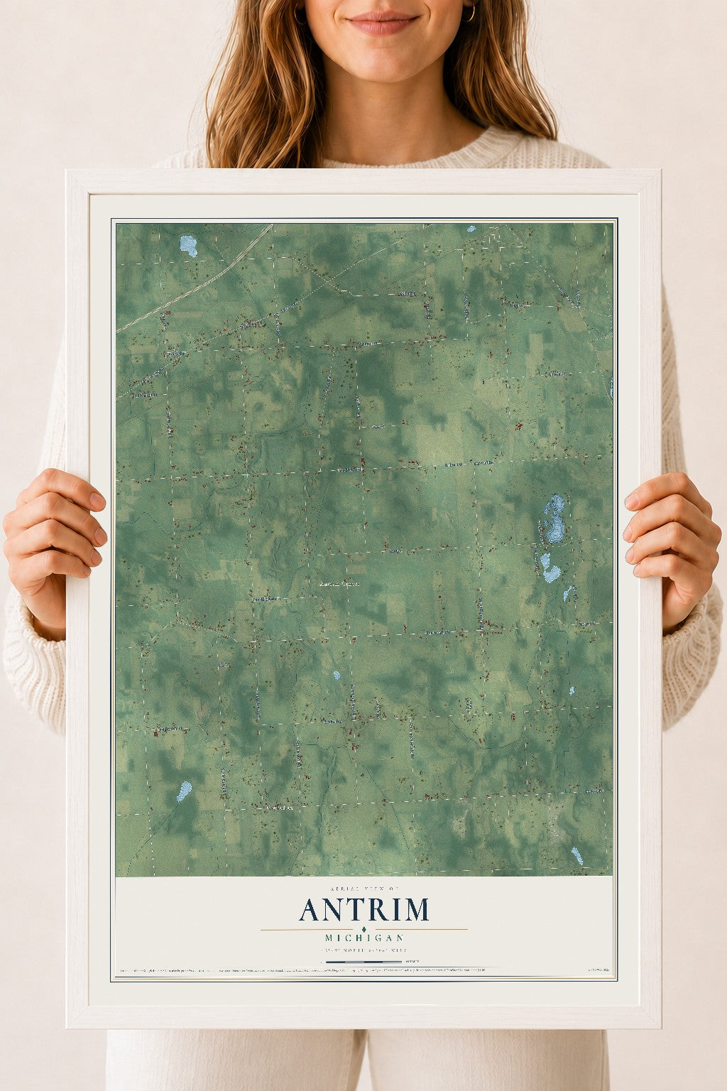 Map of Antrim, Michigan, 18 x 24 inch print in a white wood frame