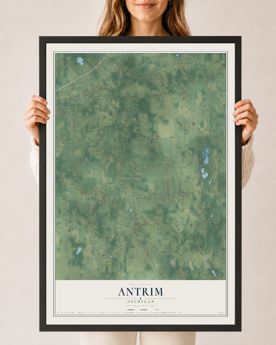 Map of Antrim, Michigan, 24 x 36 inch print in a black wood frame