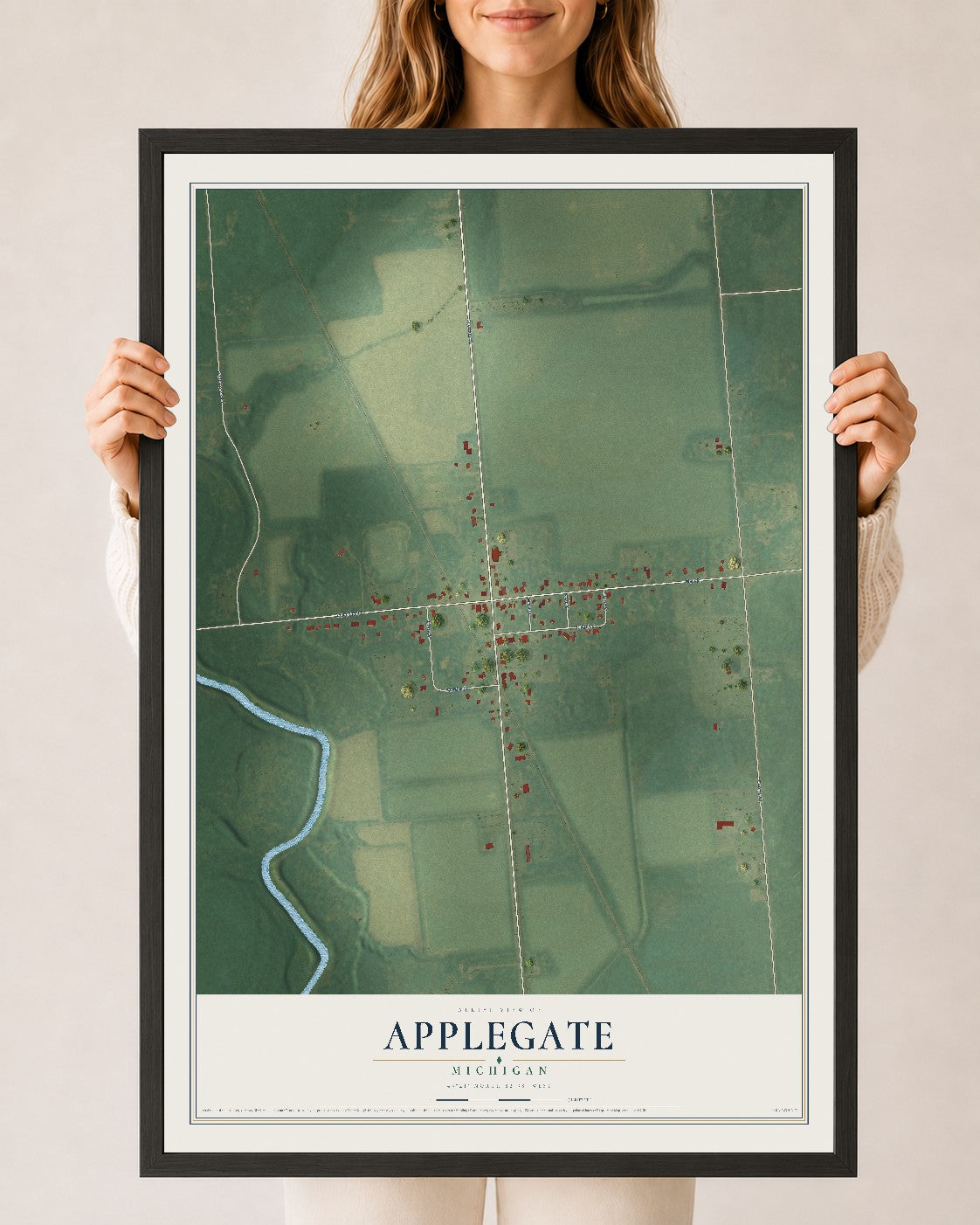 Map of Applegate, Michigan, 24 x 36 inch print in a black wood frame