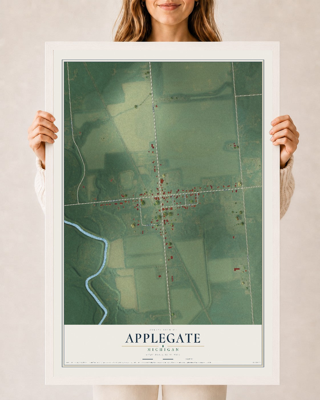 Map of Applegate, Michigan, 24 x 36 inch print in a white wood frame