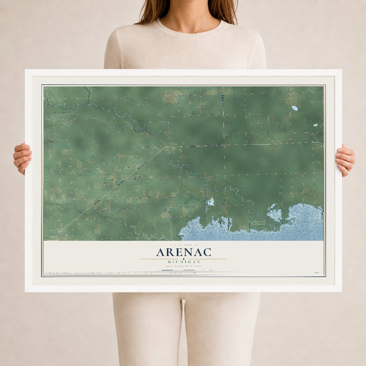 Map of Arenac, Michigan, 24 x 36 inch print in a white wood frame