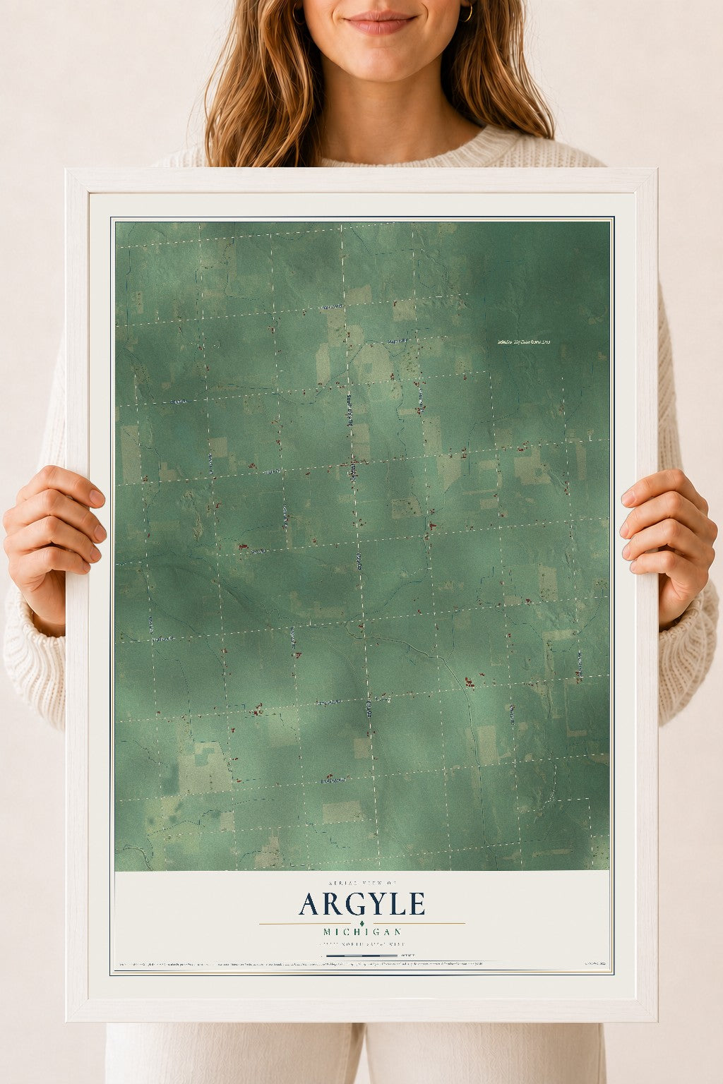 Map of Argyle, Michigan, 18 x 24 inch print in a white wood frame