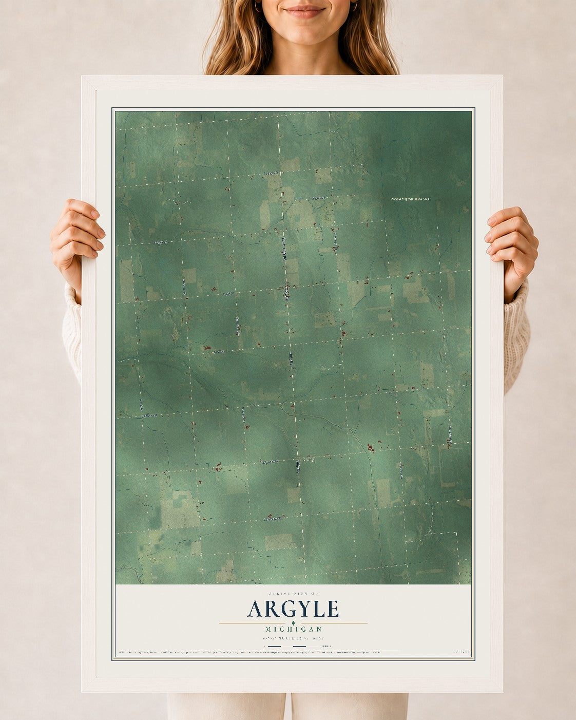 Map of Argyle, Michigan, 24 x 36 inch print in a white wood frame