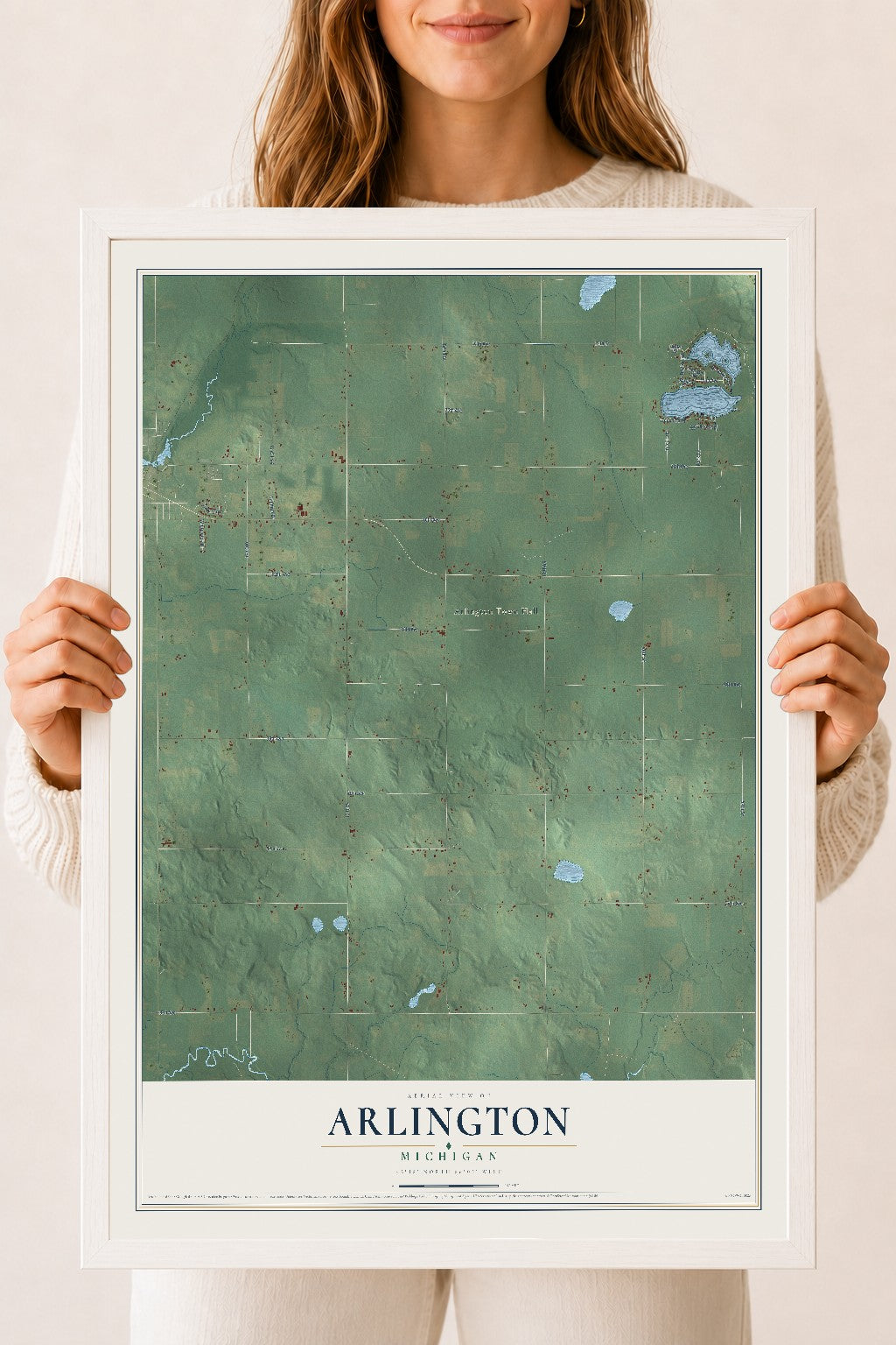 Map of Arlington, Michigan, 18 x 24 inch print in a white wood frame