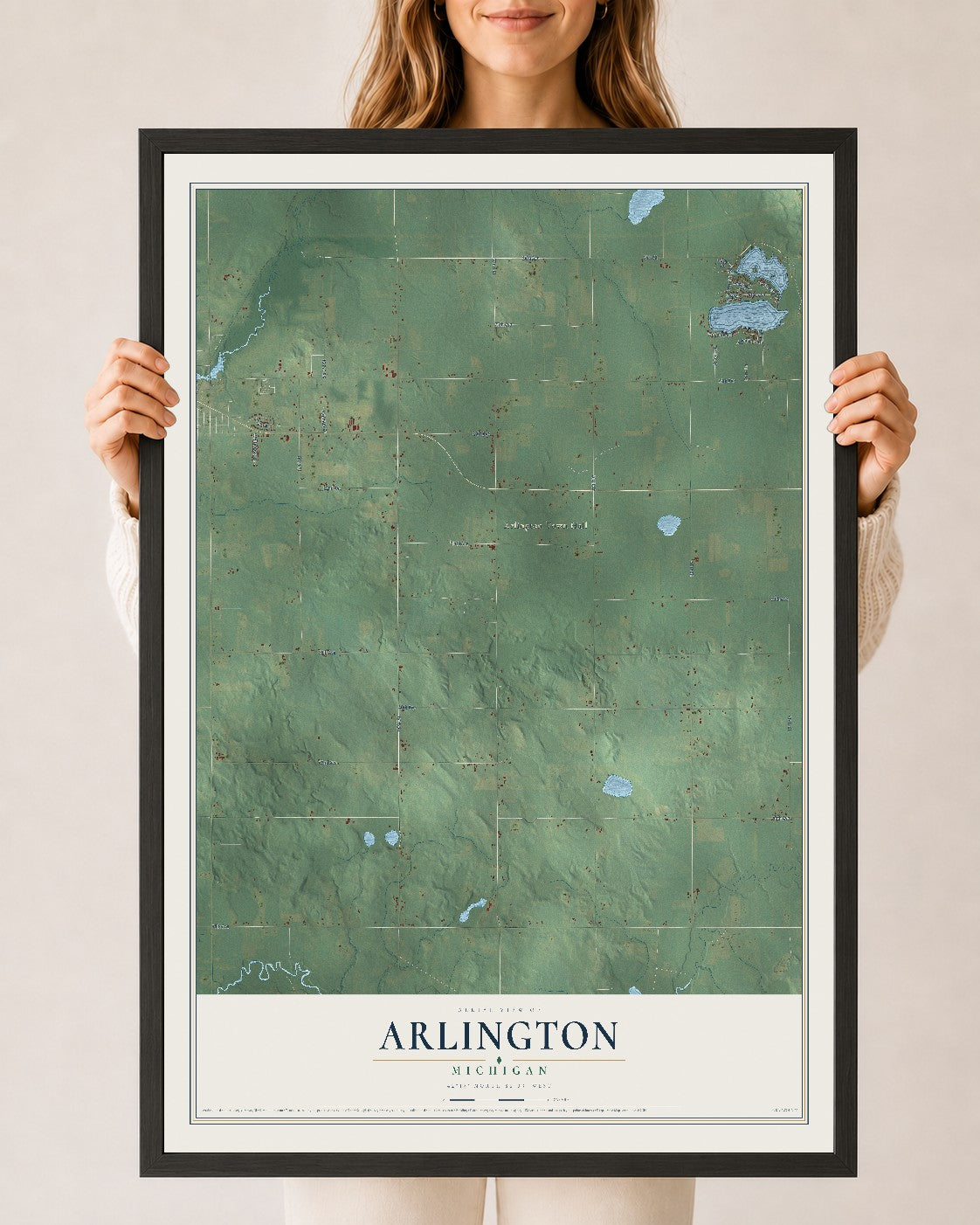 Map of Arlington, Michigan, 24 x 36 inch print in a black wood frame