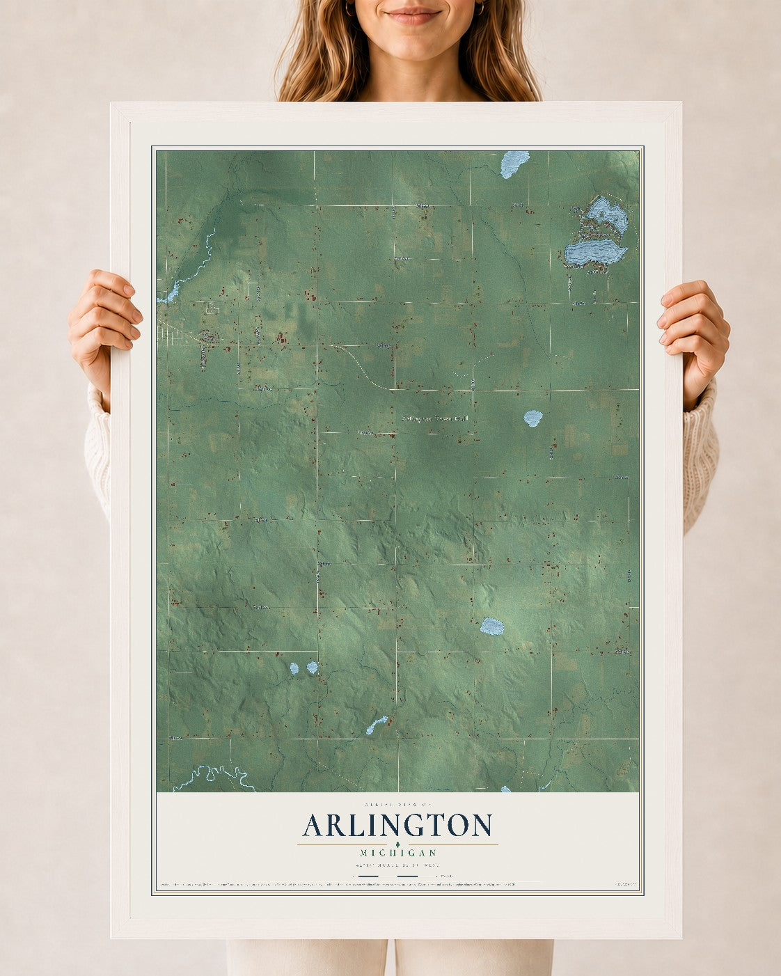 Map of Arlington, Michigan, 24 x 36 inch print in a white wood frame