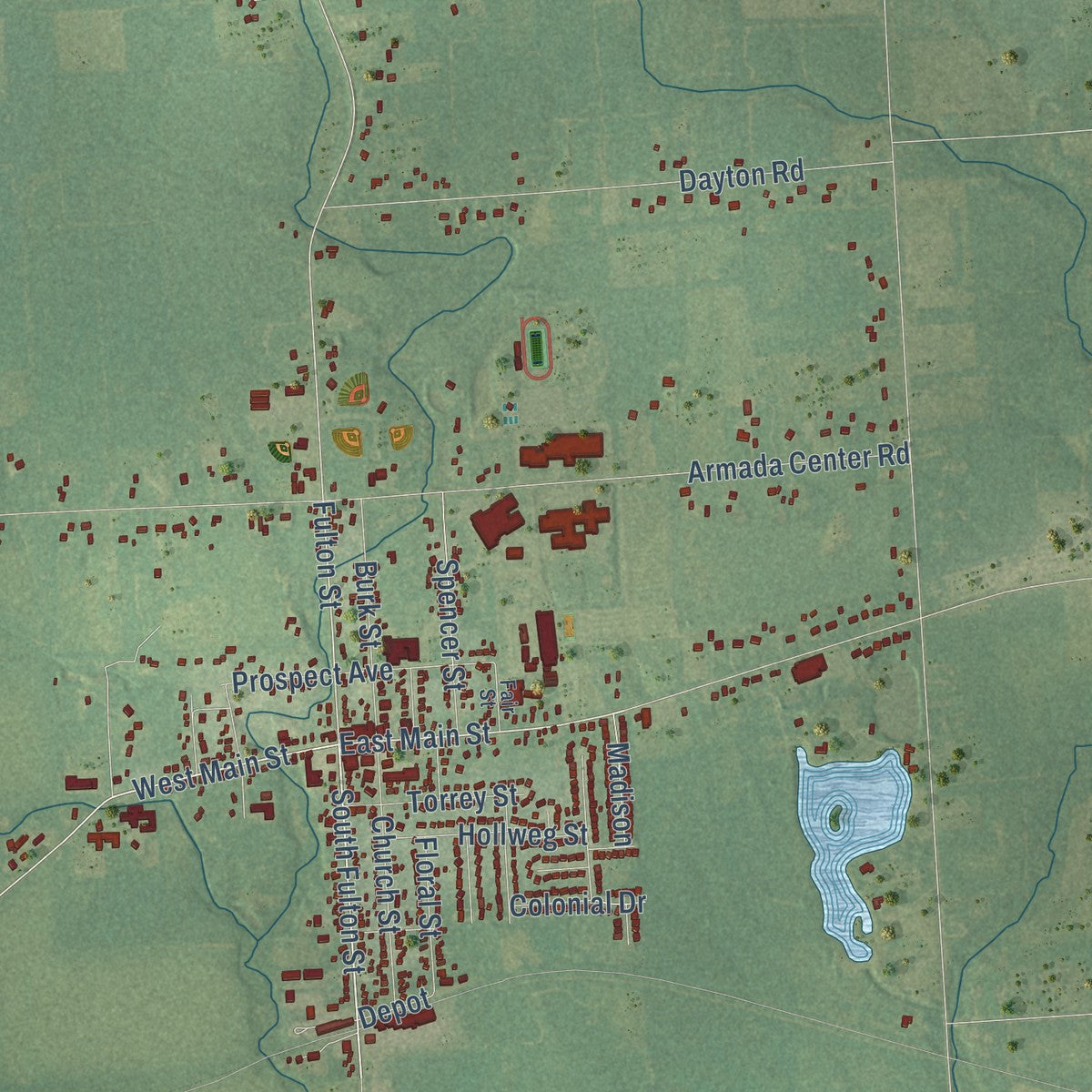 Close-up of the map of Armada, Macomb County, Michigan print showing street and building detail