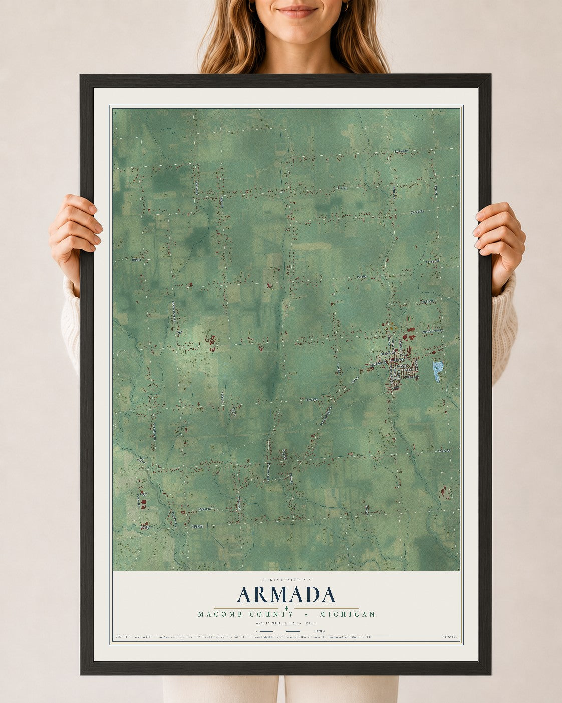 Map of Armada, Macomb County, Michigan, 24 x 36 inch print in a black wood frame