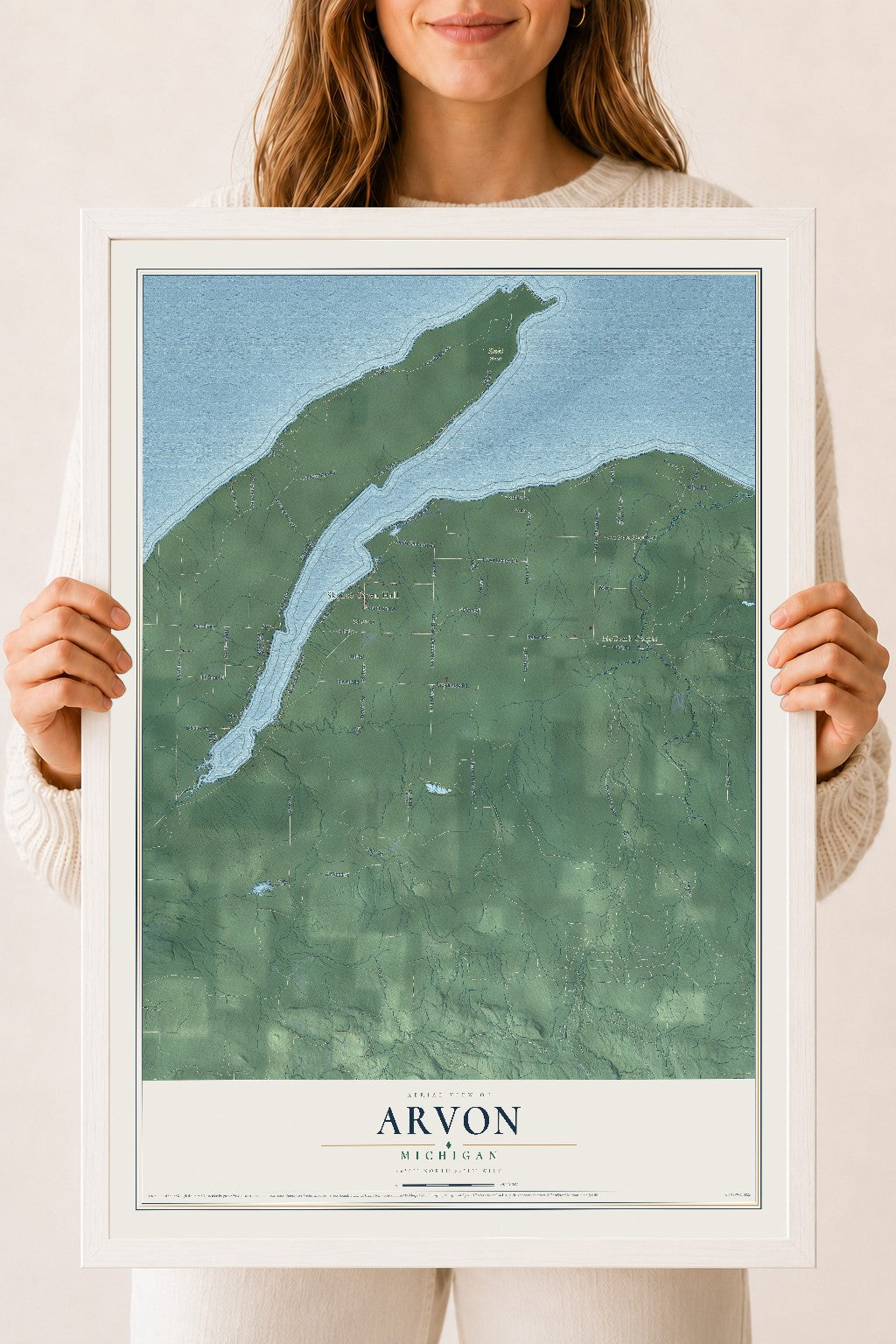 Map of Arvon, Michigan, 18 x 24 inch print in a white wood frame