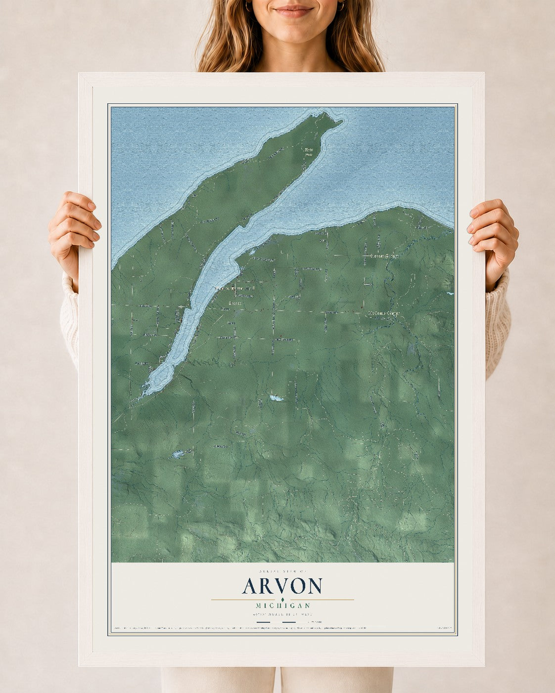 Map of Arvon, Michigan, 24 x 36 inch print in a white wood frame
