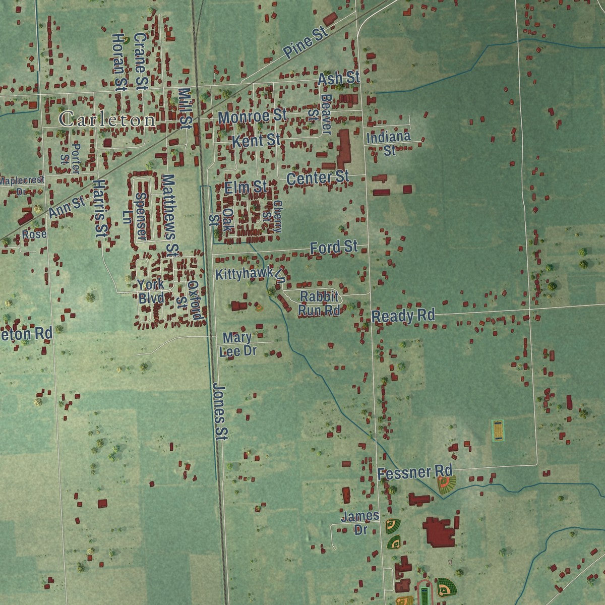Close-up of the map of Ash, Michigan print showing street and building detail