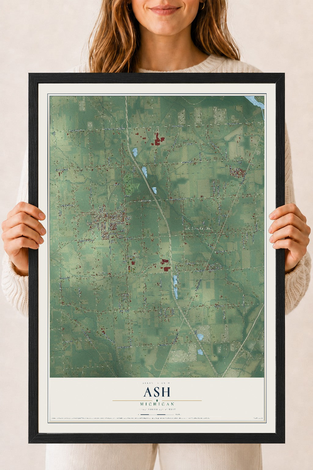Map of Ash, Michigan, 18 x 24 inch print in a black wood frame